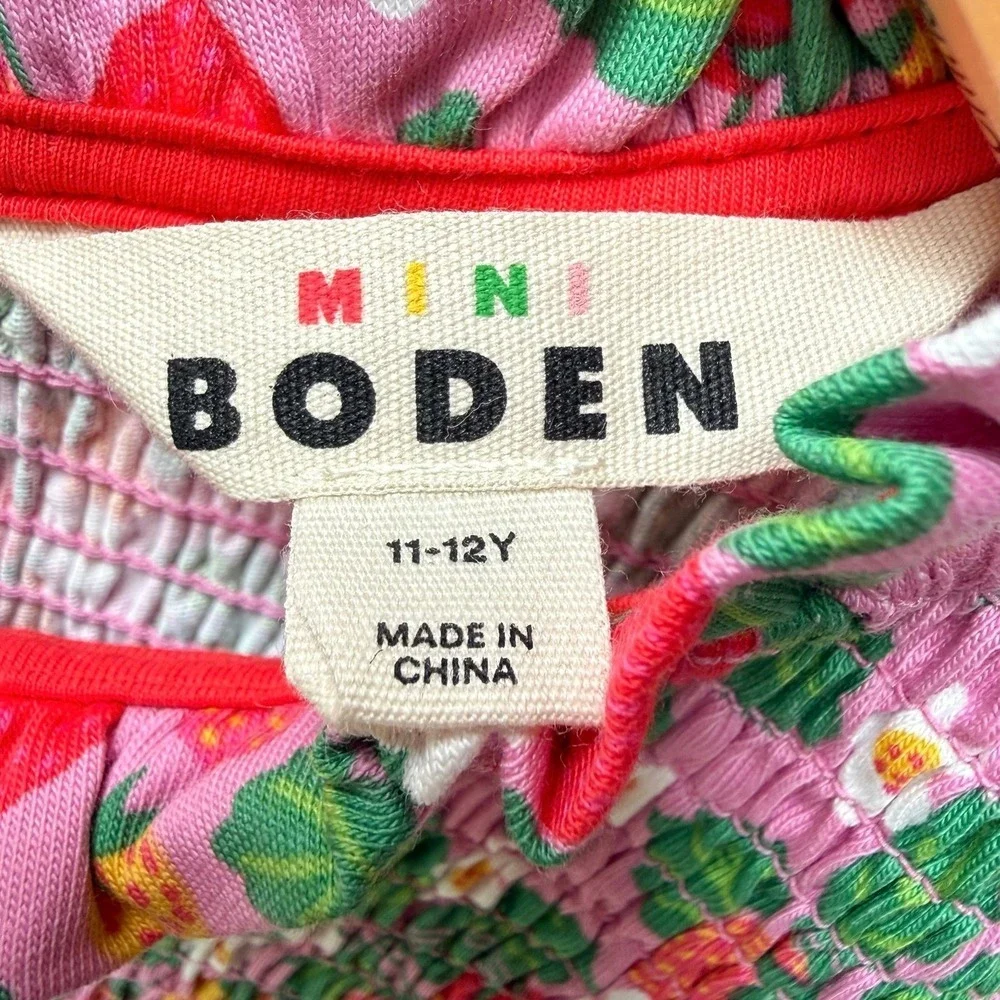 Mini Boden Aurora Strawberry Floral Smocked Dress Puff Sleeve Pink Girls 11-12 Y